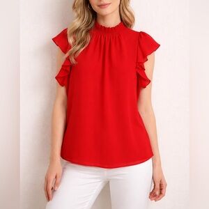 1 State Red Ruffled flutter sleeve Feminine Elegant Chic Blouse Casual Tops L